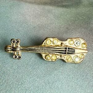 Vintage Goldtone Metal Musical Instrument Violin Yellow & Clear Gems Brooch Pin